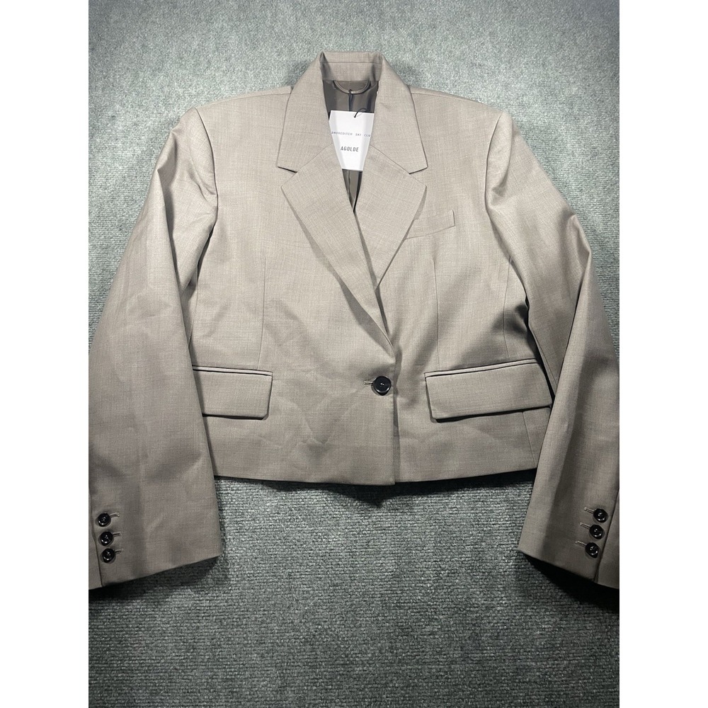 AGOLDE Callie Wool Cropped Blazer Women's M Khaki Flap Pockets Long Sleeve